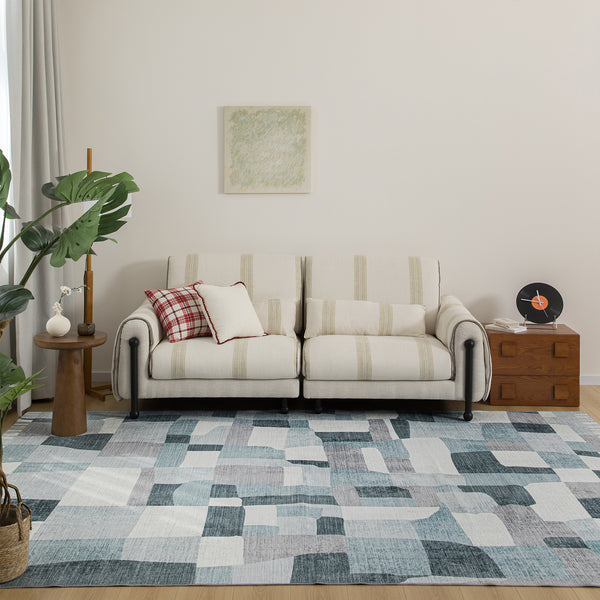 Extra Large Floor Rug Blue Grey Ivory Checked Modern Geometric Carpet Machine Washable Mat