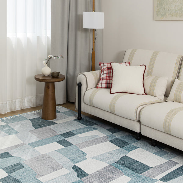 Extra Large Floor Rug Blue Grey Ivory Checked Modern Geometric Carpet Machine Washable Mat
