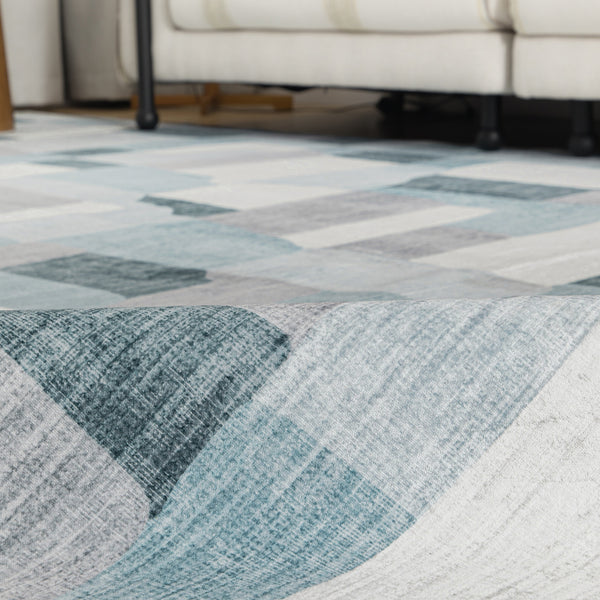 Extra Large Floor Rug Blue Grey Ivory Checked Modern Geometric Carpet Machine Washable Mat