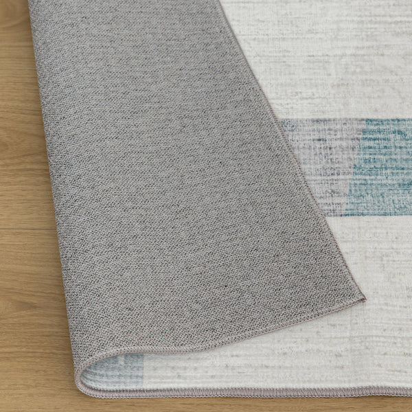 Extra Large Floor Rug Blue Grey Ivory Checked Modern Geometric Carpet Machine Washable Mat