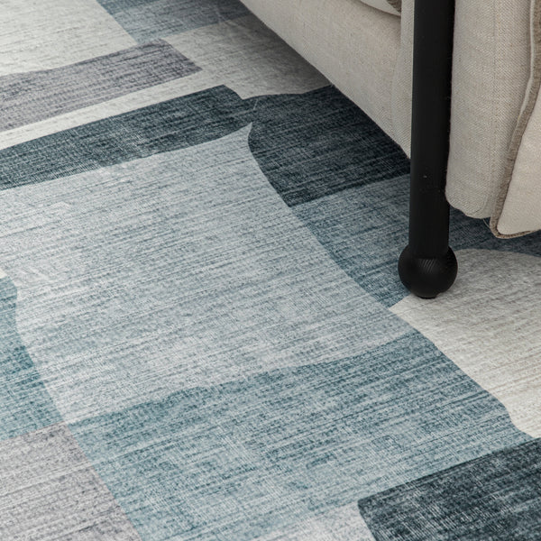 Extra Large Floor Rug Blue Grey Ivory Checked Modern Geometric Carpet Machine Washable Mat