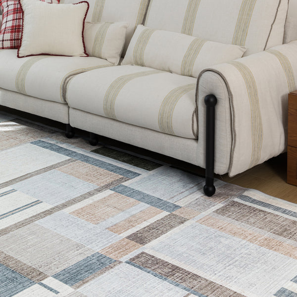 Extra Large Rug Peach Blue Multi Checked Modern Abstract Carpet Machine Washable Rugs