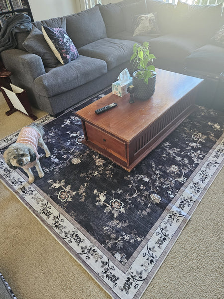 Extra Large Rug Charcoal Black Floral Vines Distressed Carpet Machine Washable Rugs