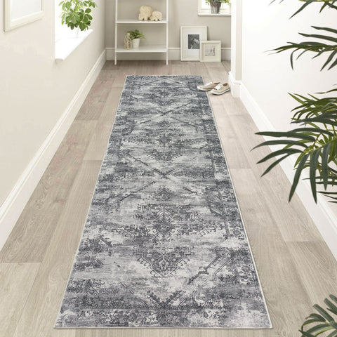 Hall Way Runner Rug Charcoal Gray Vintage Bedside Carpet Corridor Rugs Washable 80x300cm