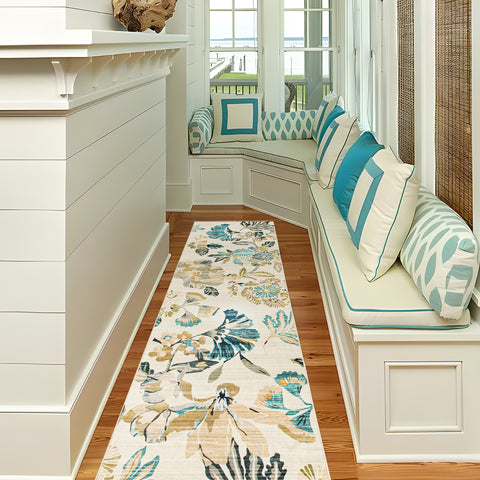 Tropical Hallway Runner Beige Teal Washable Carpet Non Slip Corridor Mat 80x300