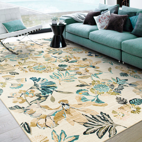 Extra Large Area Rug Teal Beige Beautiful Leaves Lounges Carpet Machine Washable Mat Hallway Runner