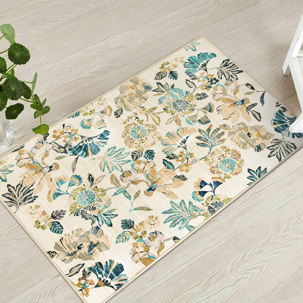 Extra Large Area Rug Teal Beige Beautiful Leaves Lounges Carpet Machine Washable Mat Hallway Runner