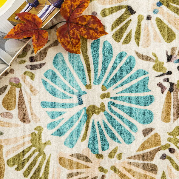 Extra Large Area Rug Teal Beige Beautiful Leaves Lounges Carpet Machine Washable Mat Hallway Runner