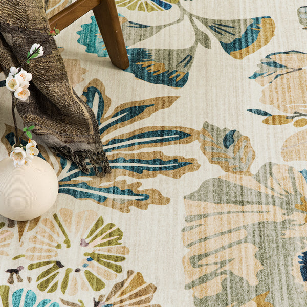 Extra Large Area Rug Teal Beige Beautiful Leaves Lounges Carpet Machine Washable Mat Hallway Runner