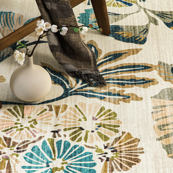 Tropical Hallway Runner Beige Teal Washable Carpet Non Slip Corridor Mat 80x300