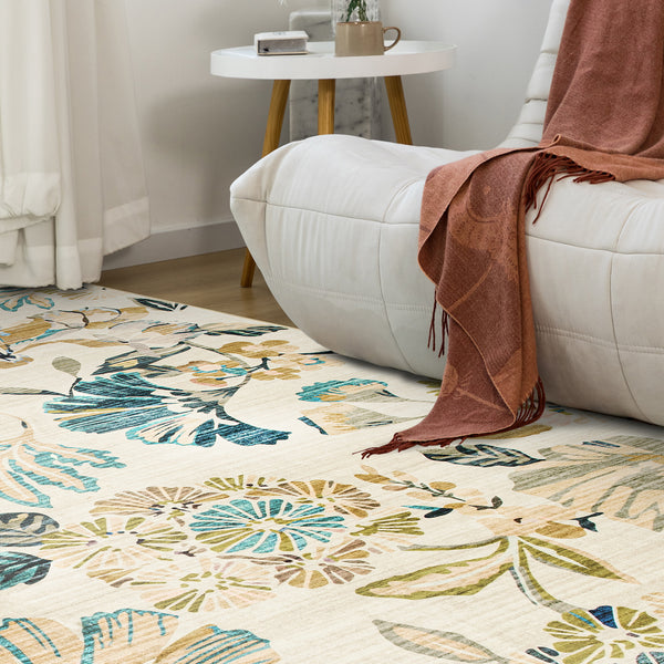 Tropical Hallway Runner Beige Teal Washable Carpet Non Slip Corridor Mat 80x300