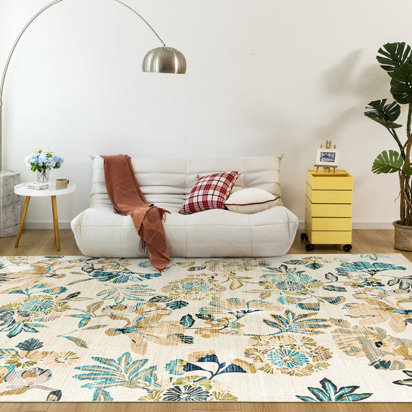 Extra Large Area Rug Teal Beige Beautiful Leaves Lounges Carpet Machine Washable Mat Hallway Runner