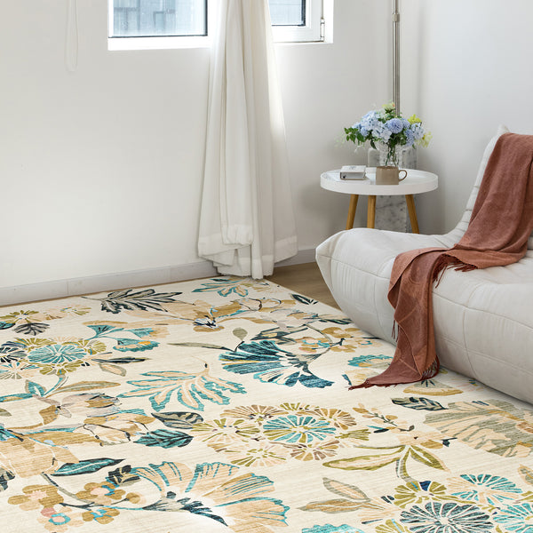 Extra Large Area Rug Teal Beige Beautiful Leaves Lounges Carpet Machine Washable Mat Hallway Runner