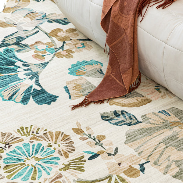 Extra Large Area Rug Teal Beige Beautiful Leaves Lounges Carpet Machine Washable Mat Hallway Runner