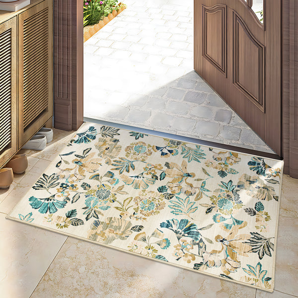 Extra Large Area Rug Teal Beige Beautiful Leaves Lounges Carpet Machine Washable Mat Hallway Runner