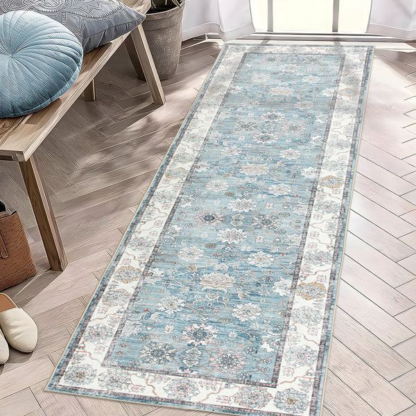 Rug Light Blue Hallway Runner Distressed Persian Carpet Washable 80x300cm - Rugaustralia