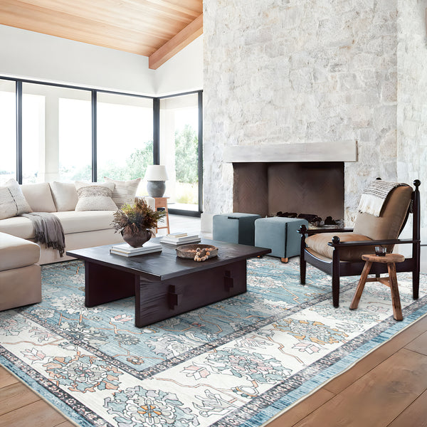 Extra Large Rug Light Blue Peony Distressed Classic Lounges Carpet Runner Machine Washable