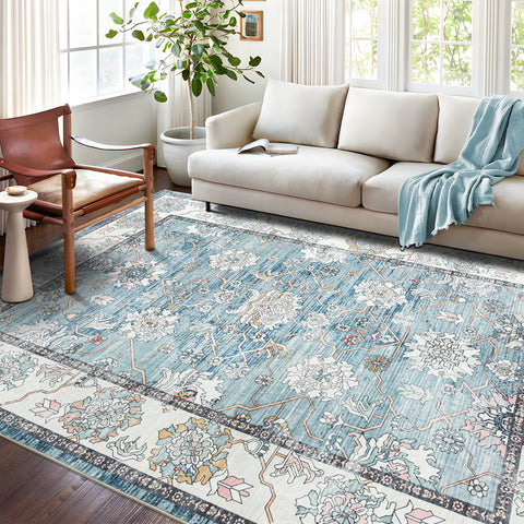 Extra Large Rug Light Blue Peony Distressed Classic Lounges Carpet Runner Machine Washable