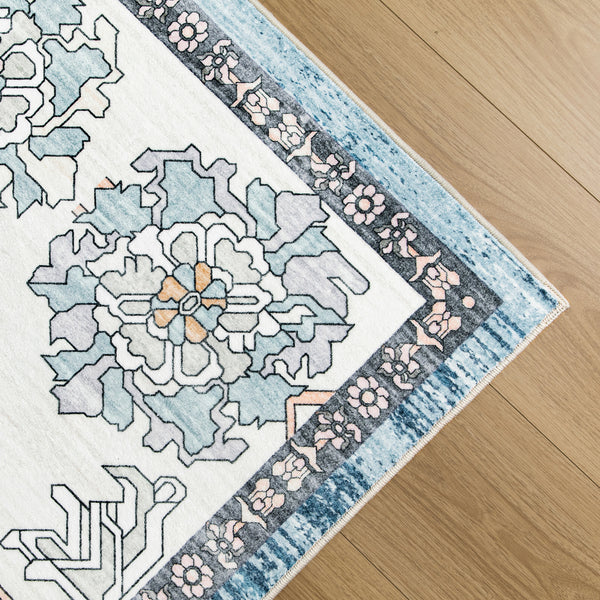 Extra Large Rug Light Blue Peony Distressed Classic Lounges Carpet Runner Machine Washable