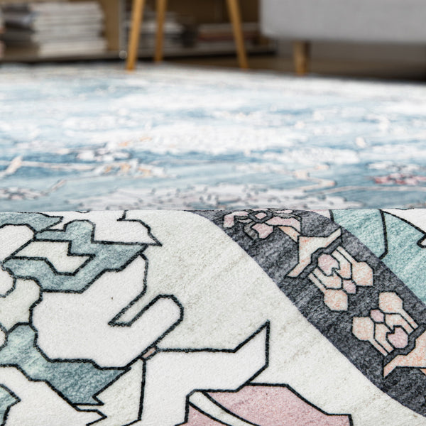 Extra Large Rug Light Blue Peony Distressed Classic Lounges Carpet Runner Machine Washable