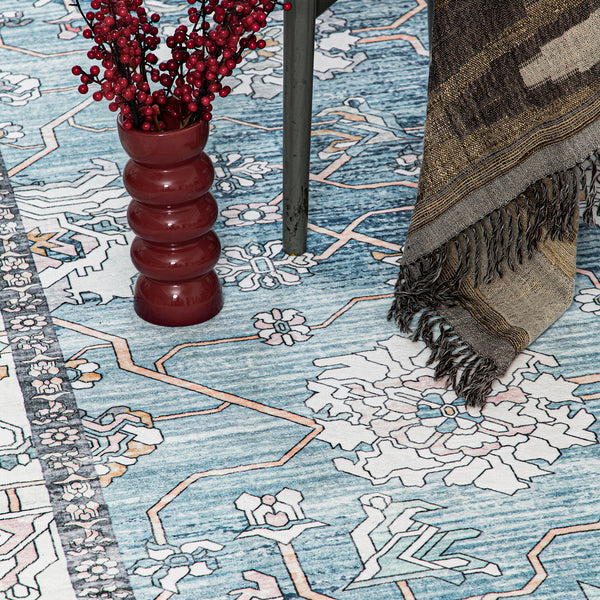 Extra Large Rug Light Blue Peony Distressed Classic Lounges Carpet Runner Machine Washable