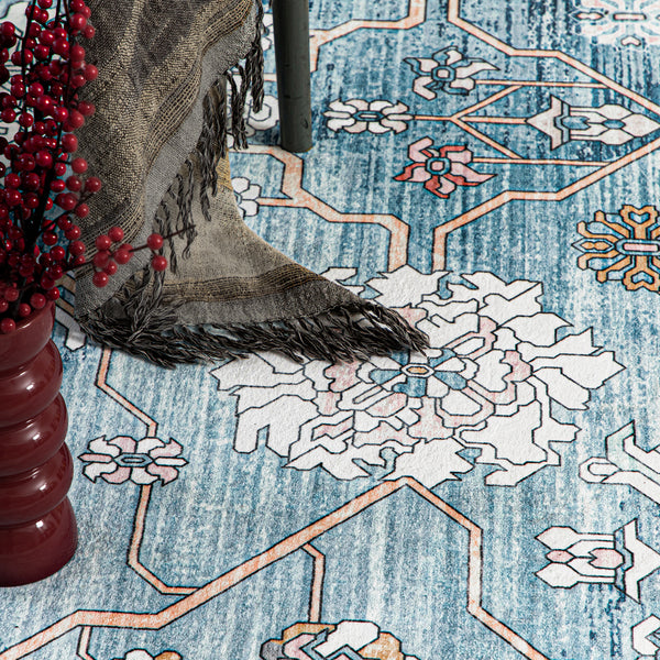 Extra Large Rug Light Blue Peony Distressed Classic Lounges Carpet Runner Machine Washable