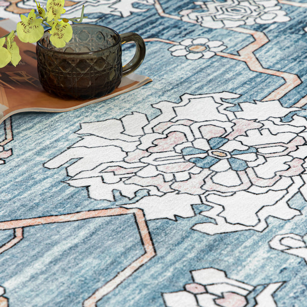 Extra Large Rug Light Blue Peony Distressed Classic Lounges Carpet Runner Machine Washable