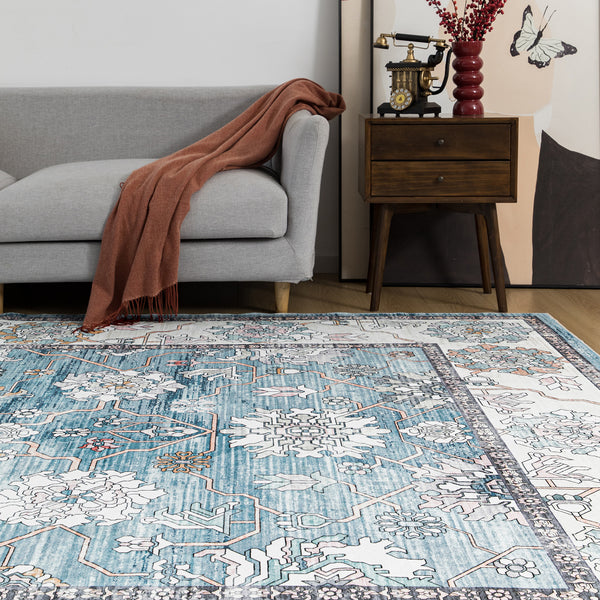 Extra Large Rug Light Blue Peony Distressed Classic Lounges Carpet Runner Machine Washable