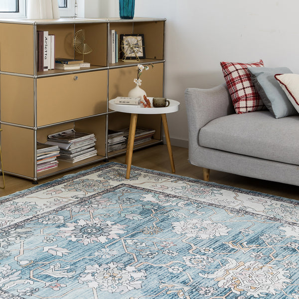 Extra Large Rug Light Blue Peony Distressed Classic Lounges Carpet Runner Machine Washable