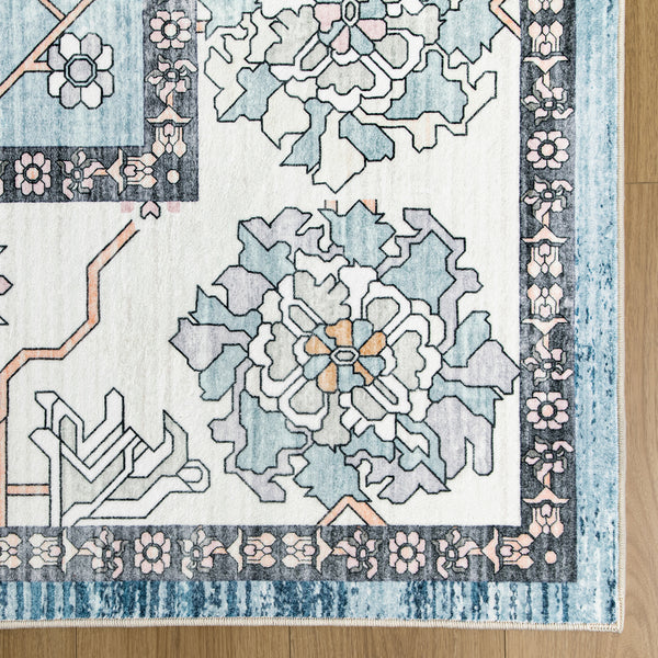 Extra Large Rug Light Blue Peony Distressed Classic Lounges Carpet Runner Machine Washable