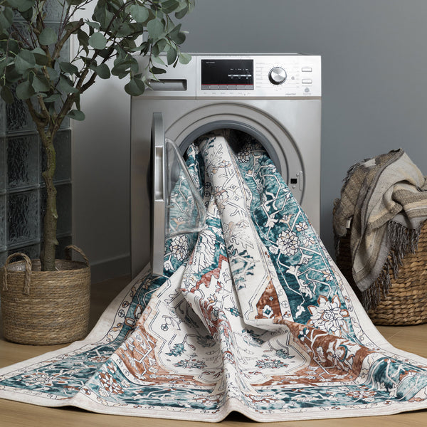 Extra Large Rug Teal Blue Rust Beautiful Retro Lounges Carpet Machine Washable Mat - Rugaustralia