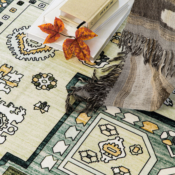 Hallway Runner Rug Mustard Green Beautiful Boho Carpet Non Slip 80x300cm