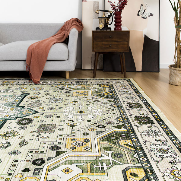 Extra Large Floor Rug Elegant Mustard Soft Plush Vintage Retro Traditional Carpet Mat Machine Washable Rugs