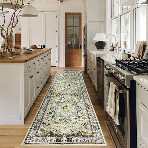 Hallway Runner Rug Mustard Green Beautiful Boho Carpet Non Slip 80x300cm