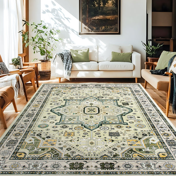 Extra Large Floor Rug Elegant Mustard Soft Plush Vintage Retro Traditional Carpet Mat Machine Washable Rugs