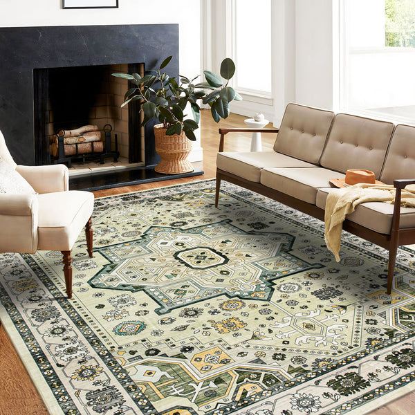 Extra Large Floor Rug Elegant Mustard Soft Plush Vintage Retro Traditional Carpet Mat Machine Washable Rugs