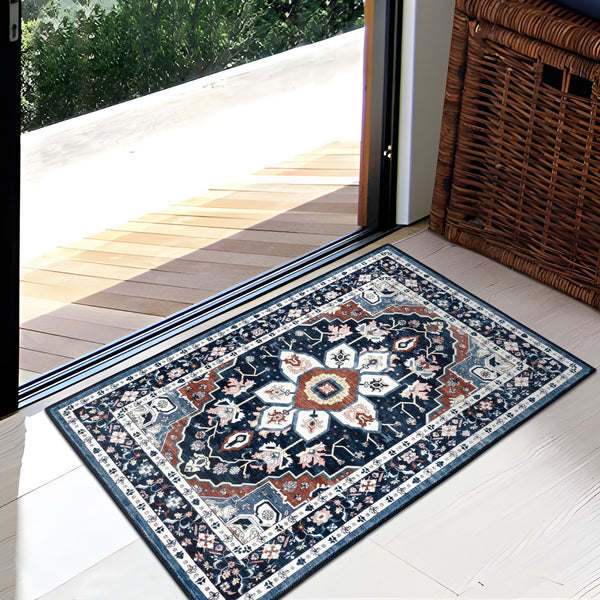 Extra Large Floor Rug Stunning Navy Blue  Allover Plush Non Slip Traditional Vintage Lounges Machine Washable Mat