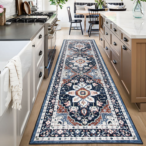 Dark Blue Floor Runner Non Slip Retro Carpet Machine Washable Runner Rug 80x300cm