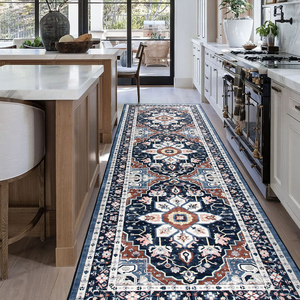 Extra Large Floor Rug Stunning Navy Blue  Allover Plush Non Slip Traditional Vintage Lounges Machine Washable Mat