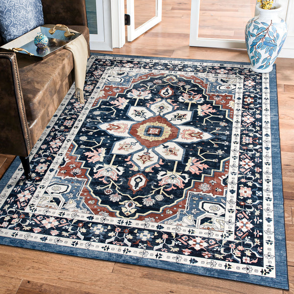 Extra Large Floor Rug Stunning Navy Blue  Allover Plush Non Slip Traditional Vintage Lounges Machine Washable Mat