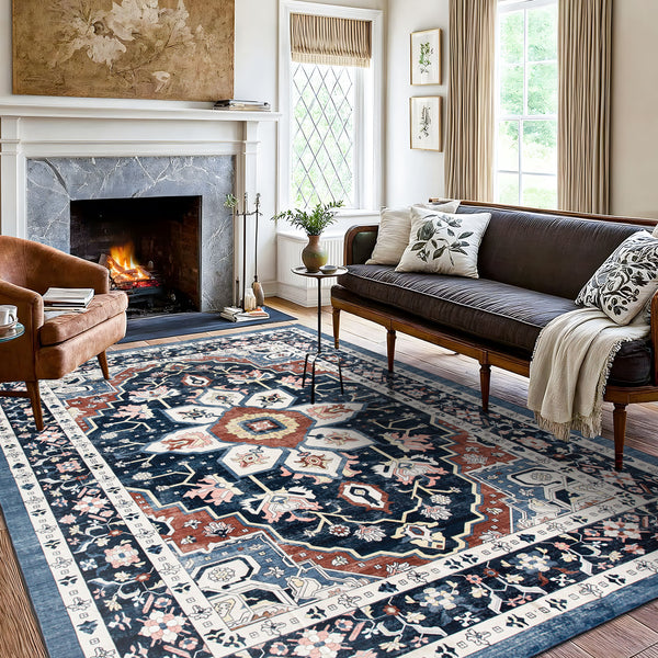 Extra Large Floor Rug Stunning Navy Blue  Allover Plush Non Slip Traditional Vintage Lounges Machine Washable Mat
