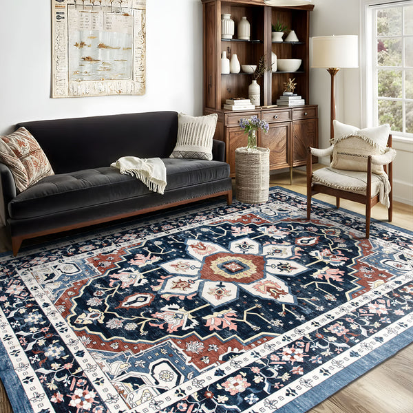 Extra Large Floor Rug Stunning Navy Blue  Allover Plush Non Slip Traditional Vintage Lounges Machine Washable Mat