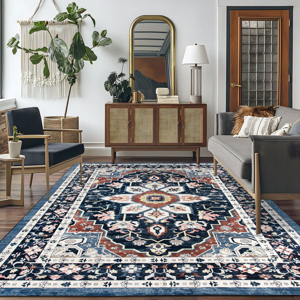 Extra Large Floor Rug Stunning Navy Blue  Allover Plush Non Slip Traditional Vintage Lounges Machine Washable Mat