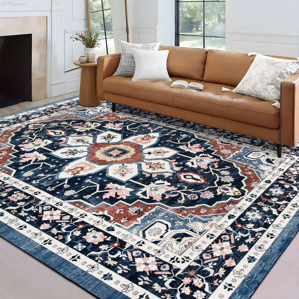Extra Large Floor Rug Stunning Navy Blue  Allover Plush Non Slip Traditional Vintage Lounges Machine Washable Mat