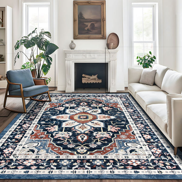 Extra Large Floor Rug Stunning Navy Blue  Allover Plush Non Slip Traditional Vintage Lounges Machine Washable Mat