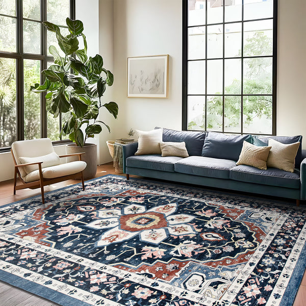 Extra Large Floor Rug Stunning Navy Blue  Allover Plush Non Slip Traditional Vintage Lounges Machine Washable Mat