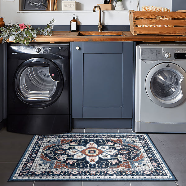 Extra Large Floor Rug Stunning Navy Blue  Allover Plush Non Slip Traditional Vintage Lounges Machine Washable Mat