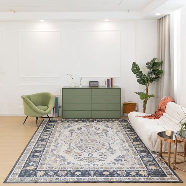 Extra Large Floor Rug Soft Plush Navy Blue Vintage Machine Washable Traditional Carpet Runner Rug