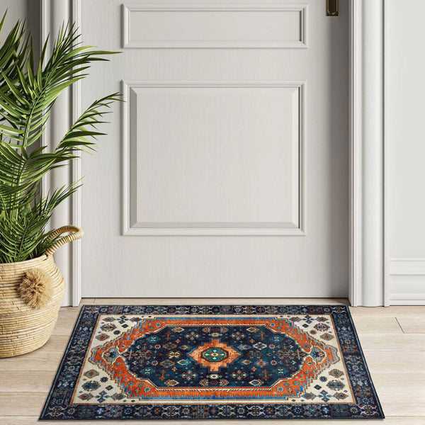 Flash Deal Extra Large Floor Rug Sapphire Blue Orange Beautiful Vintage Plush Carpet Machine Washable