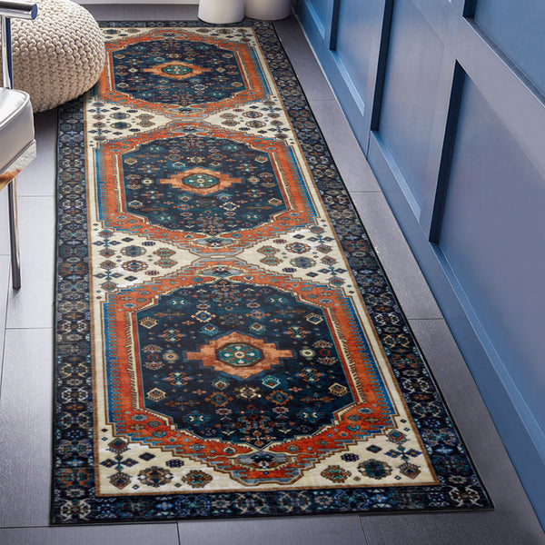 Flash Deal Extra Large Floor Rug Sapphire Blue Orange Beautiful Vintage Plush Carpet Machine Washable